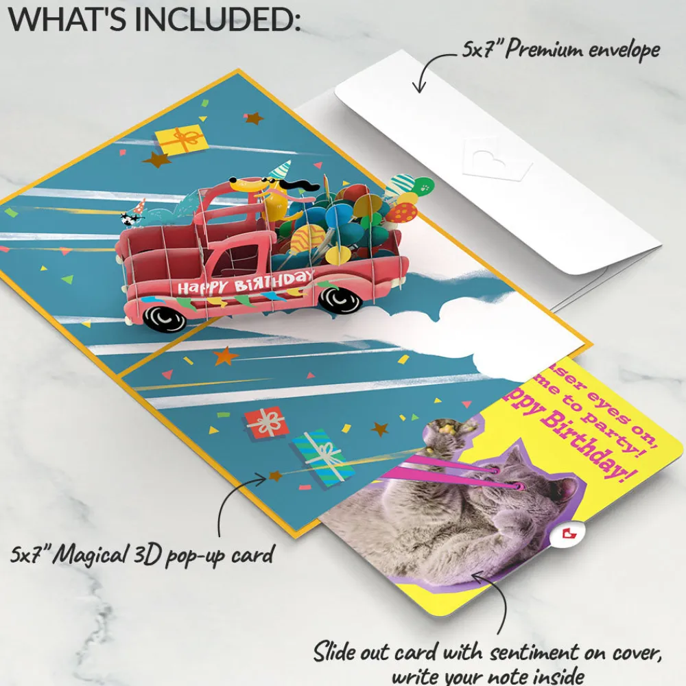 Lovepop Birthday|Birthday Truck with Cat Laser Eyes Pop-Up Card and Sentiment Set