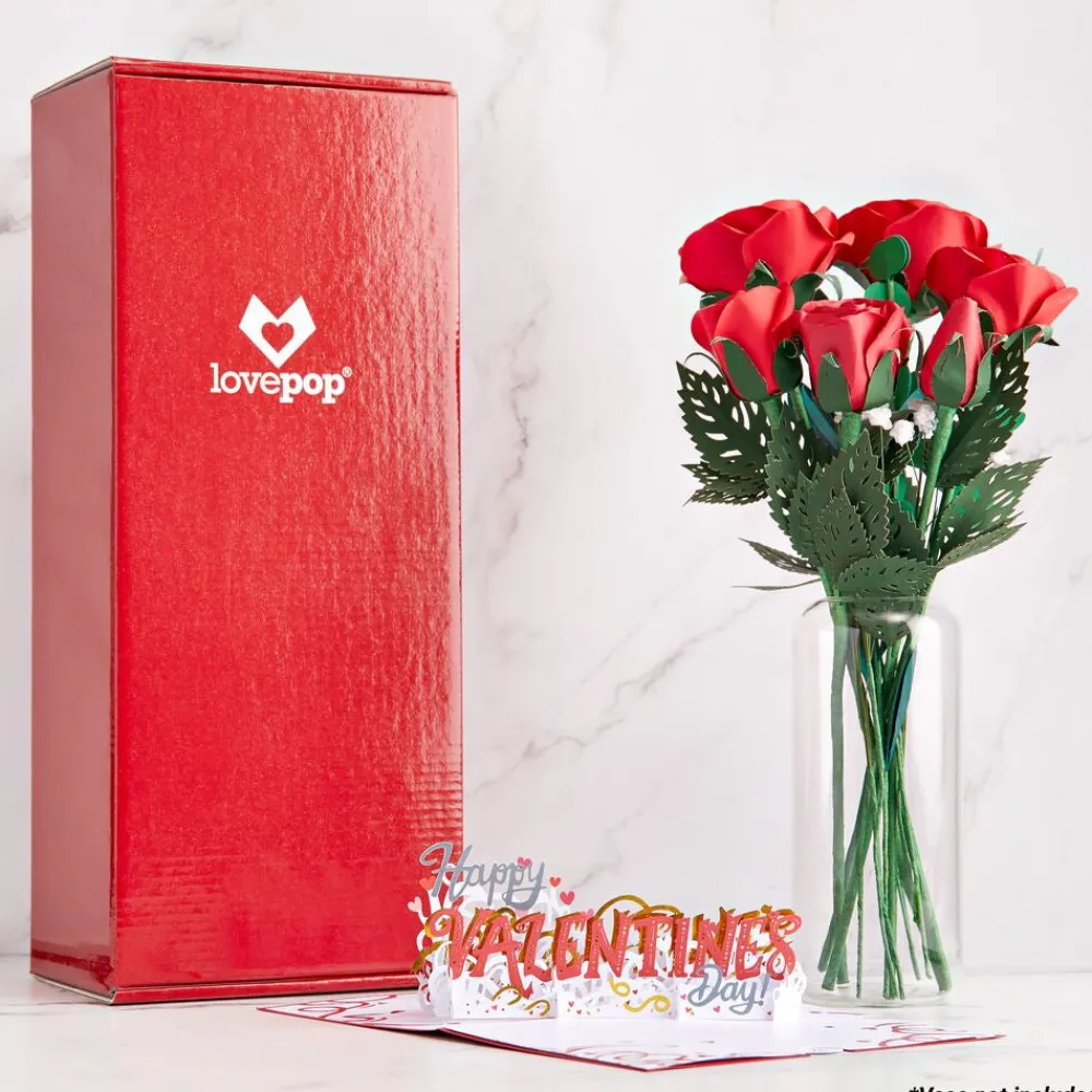 Lovepop Pop-Up Bouquets|Card & Gift Bundles|Handcrafted Paper Flowers: Red Roses (6 Stems) with Happy Valentine's Day Pop-Up Card