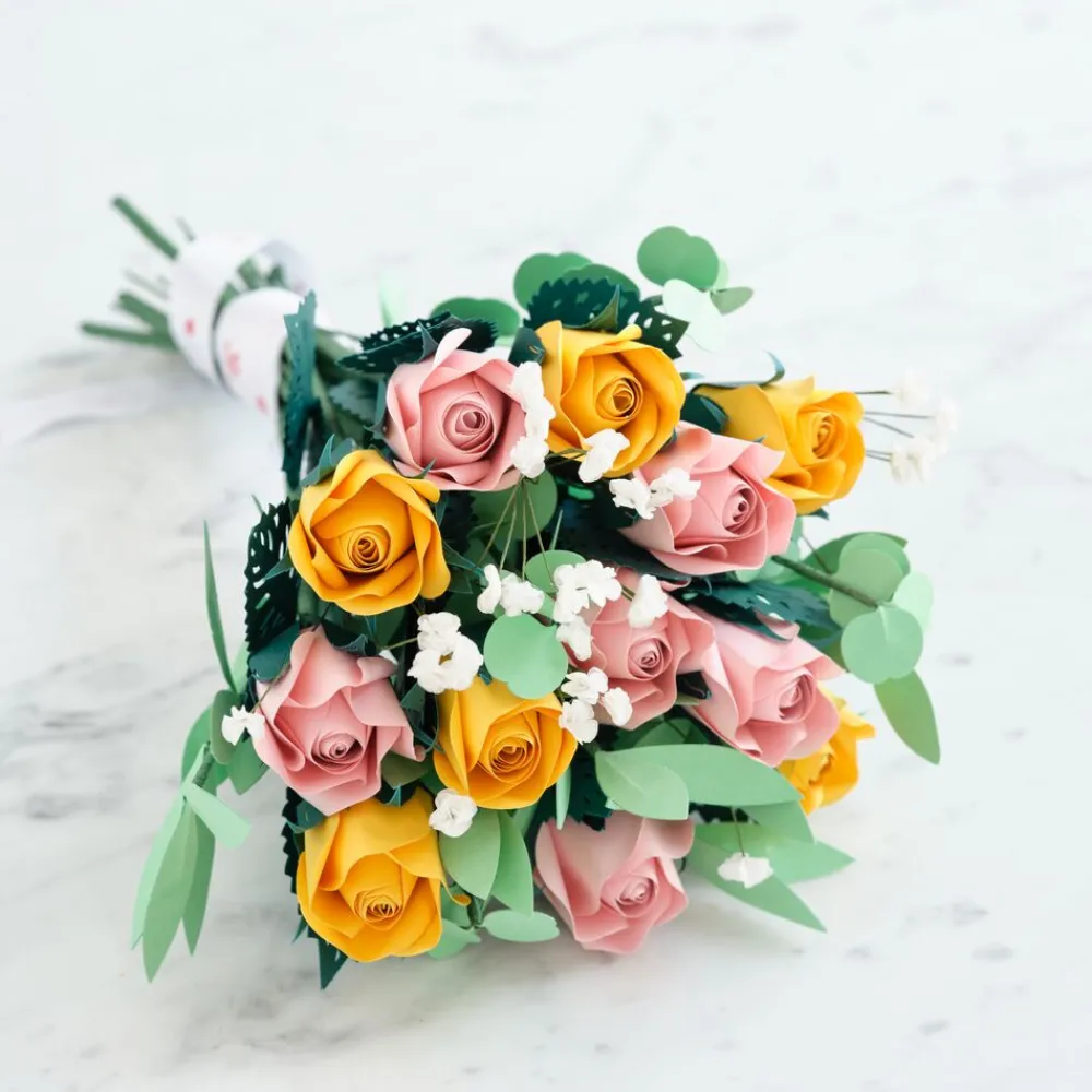 Lovepop Pop-Up Bouquets|Handcrafted Paper Flowers|Handcrafted Paper Flowers: Pink & Yellow Roses (12 Stems) with Happy Mother's Day Pop-Up Card