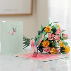 Lovepop Pop-Up Bouquets|Handcrafted Paper Flowers|Handcrafted Paper Flowers: Pink & Yellow Roses (12 Stems) with Lovely Hummingbird Pop-Up Card