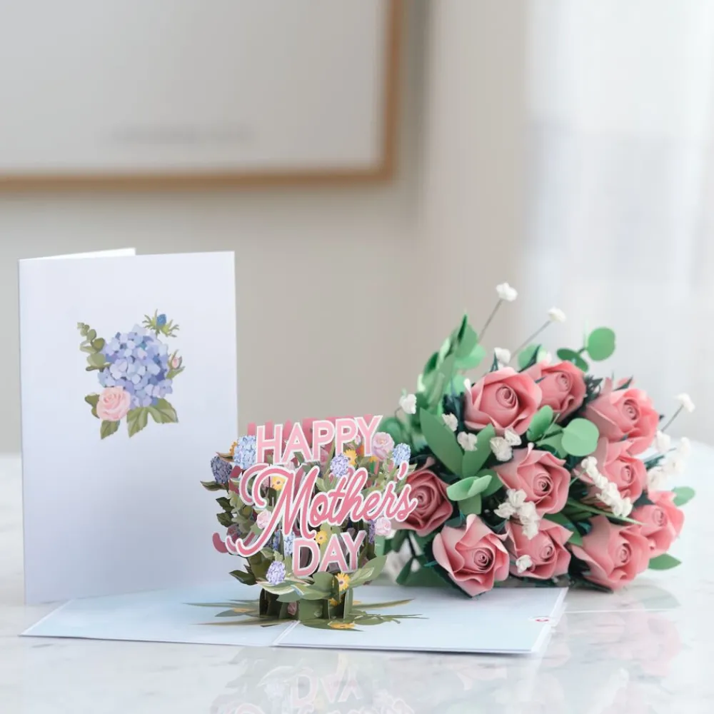 Lovepop Pop-Up Bouquets|Handcrafted Paper Flowers|Handcrafted Paper Flowers: Pink Roses (12 Stems) with Happy Mother's Day Pop-Up Card