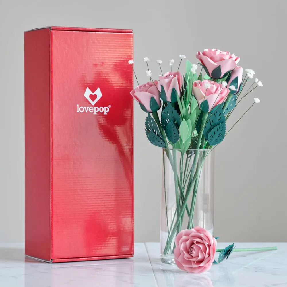 Lovepop Pop-Up Bouquets|Card & Gift Bundles|Handcrafted Paper Flowers: Pink Roses (6 Stems) with Monarch Butterfly Pop-Up Card