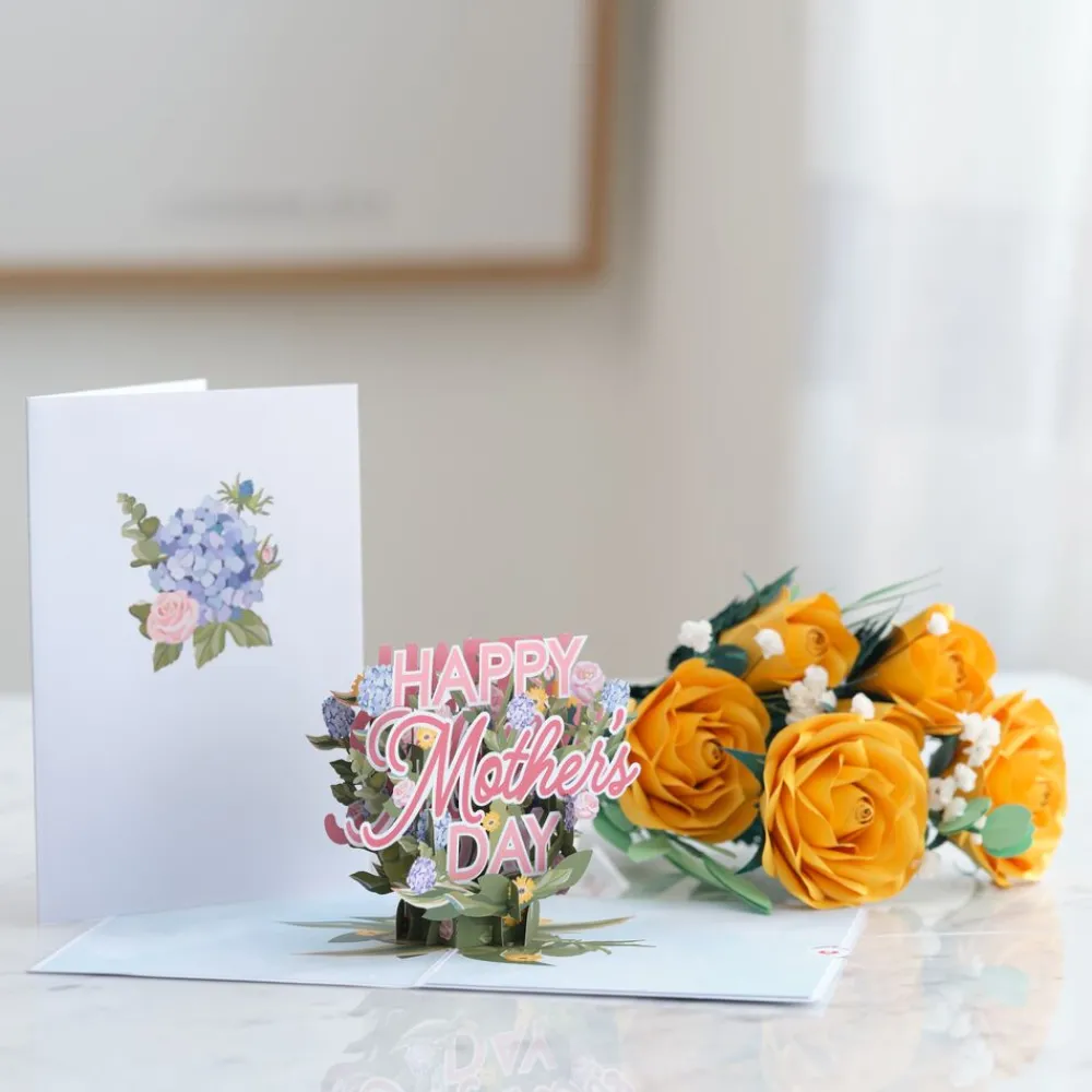 Lovepop Pop-Up Bouquets|Card & Gift Bundles|Handcrafted Paper Flowers: Yellow Roses (6 Stems) with Happy Mother's Day Pop-Up Card