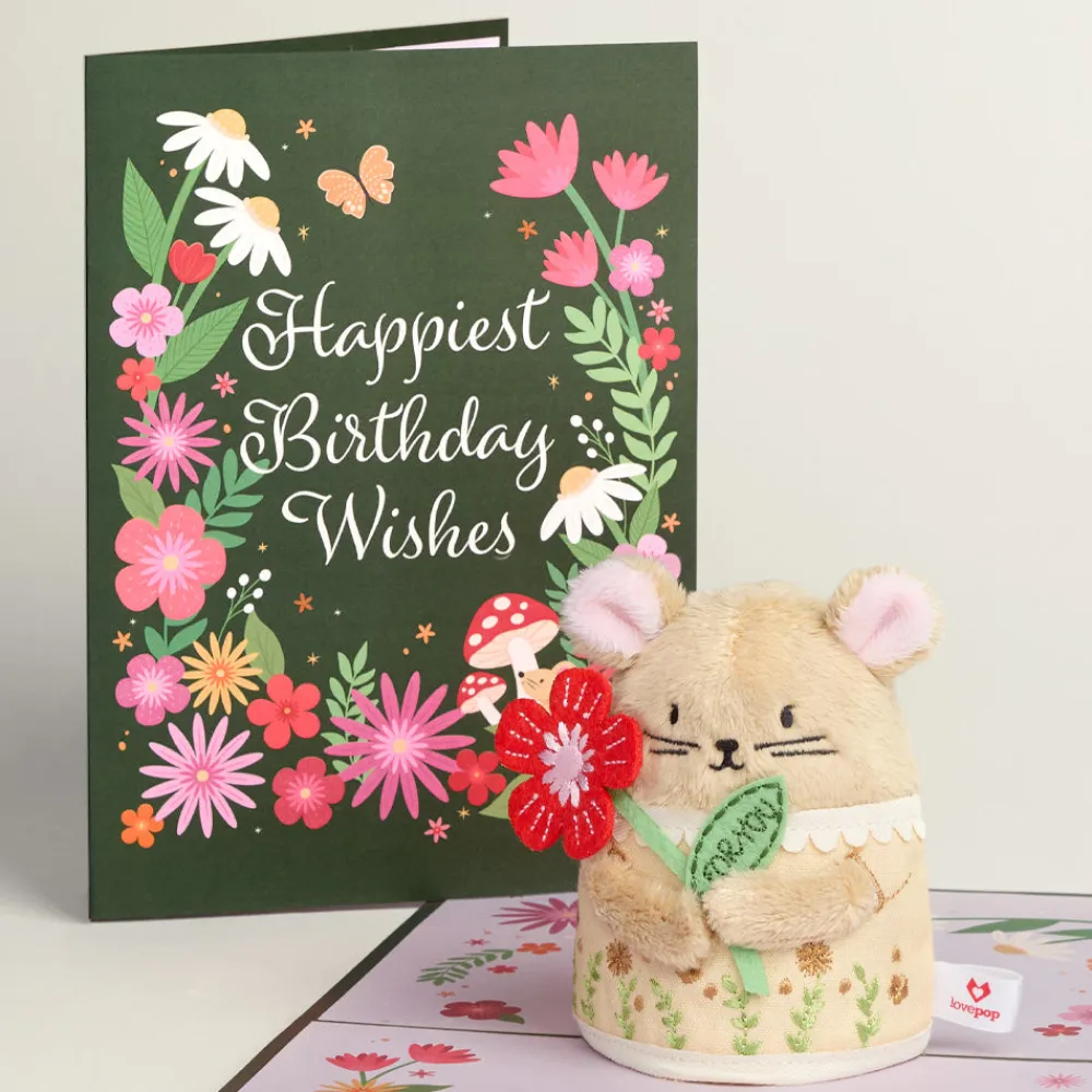 Lovepop Plushpop|Birthday|Happiest Birthday Wishes' Floral Field Mouse Plushpop Card