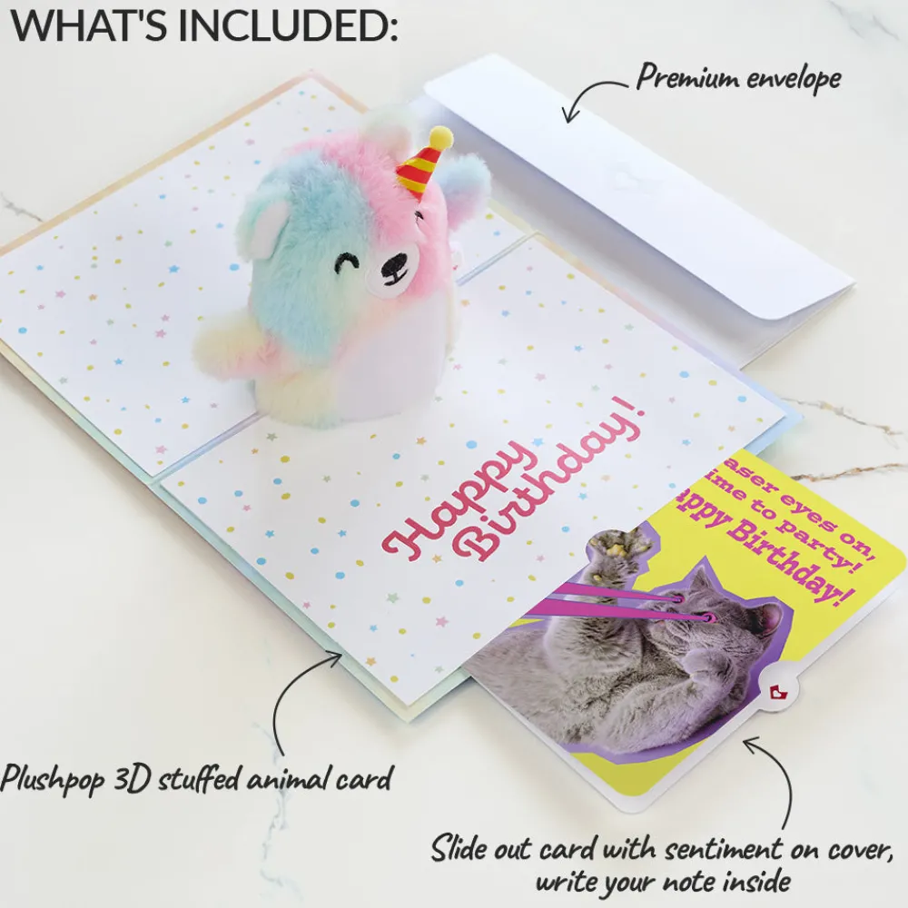 Lovepop Plushpop|Birthday|Rainbow Bear with Cat Laser Eyes Birthday Plushpop Card and Sentiment Set