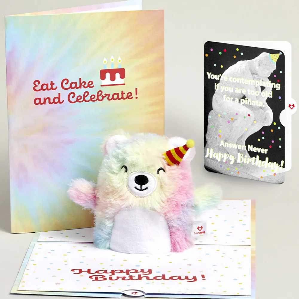 Lovepop Plushpop|Birthday|Rainbow Bear with The Thinker Birthday Plushpop Card and Sentiment Set