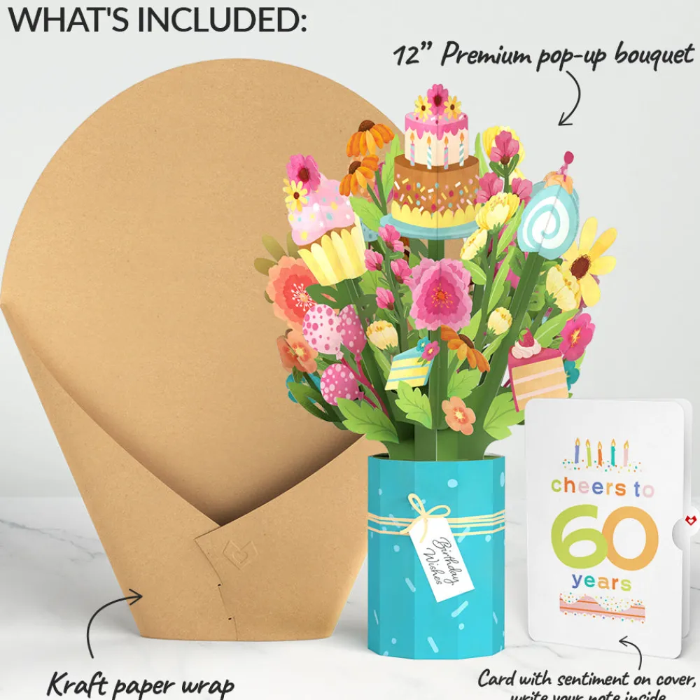 Lovepop Pop-Up Bouquets|Sweet 60th Birthday Wishes Bouquet and Confetti Cake Sentiment Set